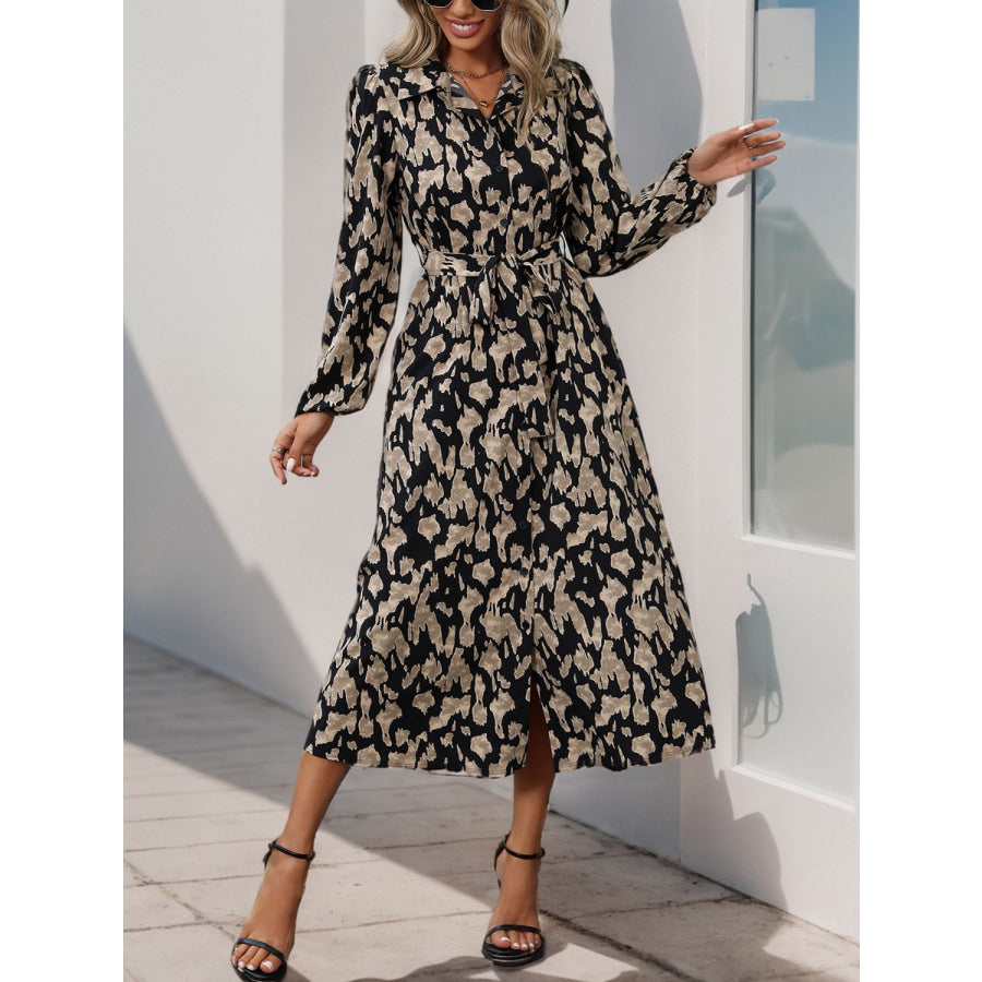 Perfee Printed Long Sleeve Midi Dress Black / S Apparel and Accessories