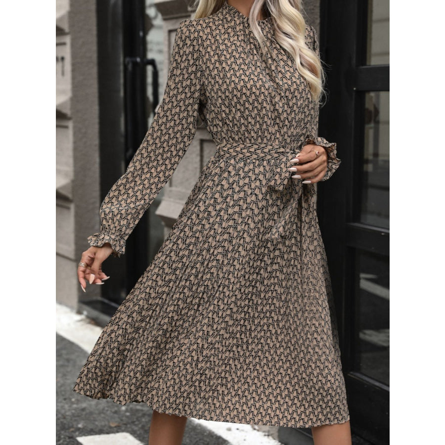 Perfee Printed Mock Neck Flounce Sleeve Dress Apparel and Accessories