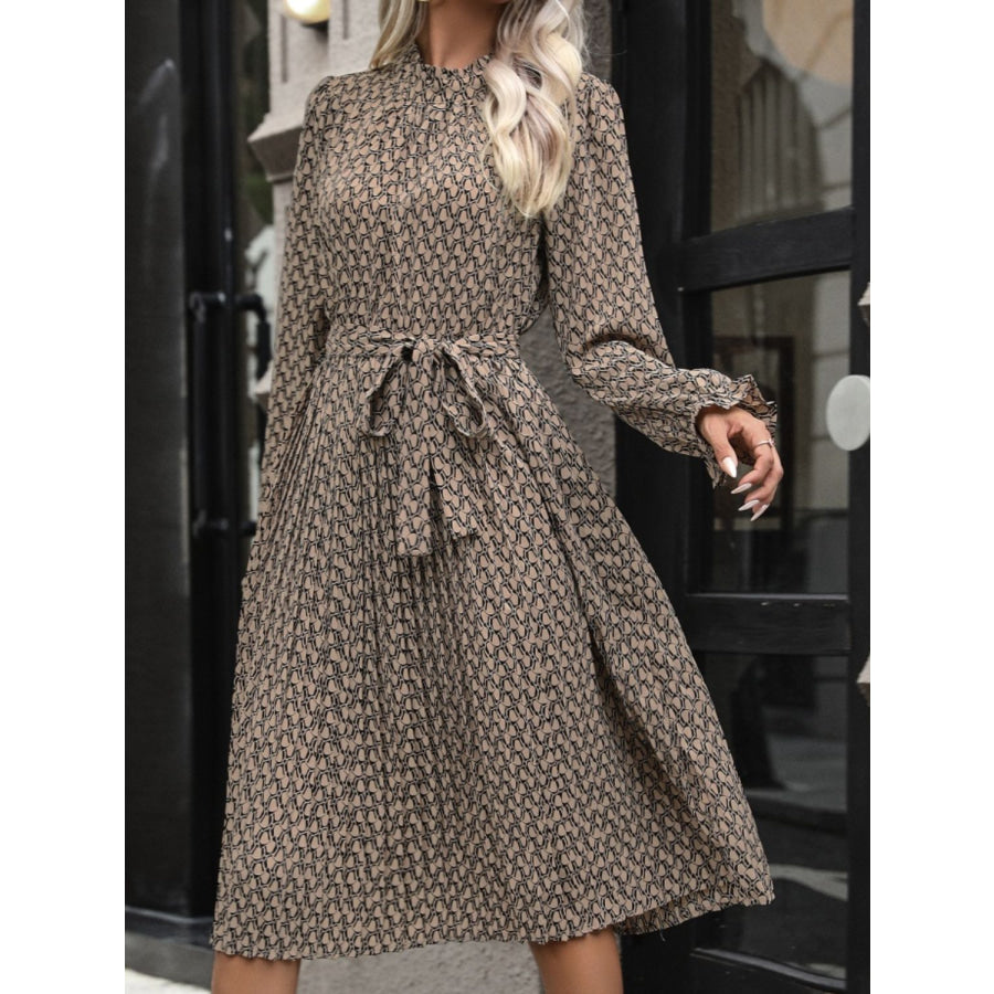 Perfee Printed Mock Neck Flounce Sleeve Dress Coffee Brown / S Apparel and Accessories