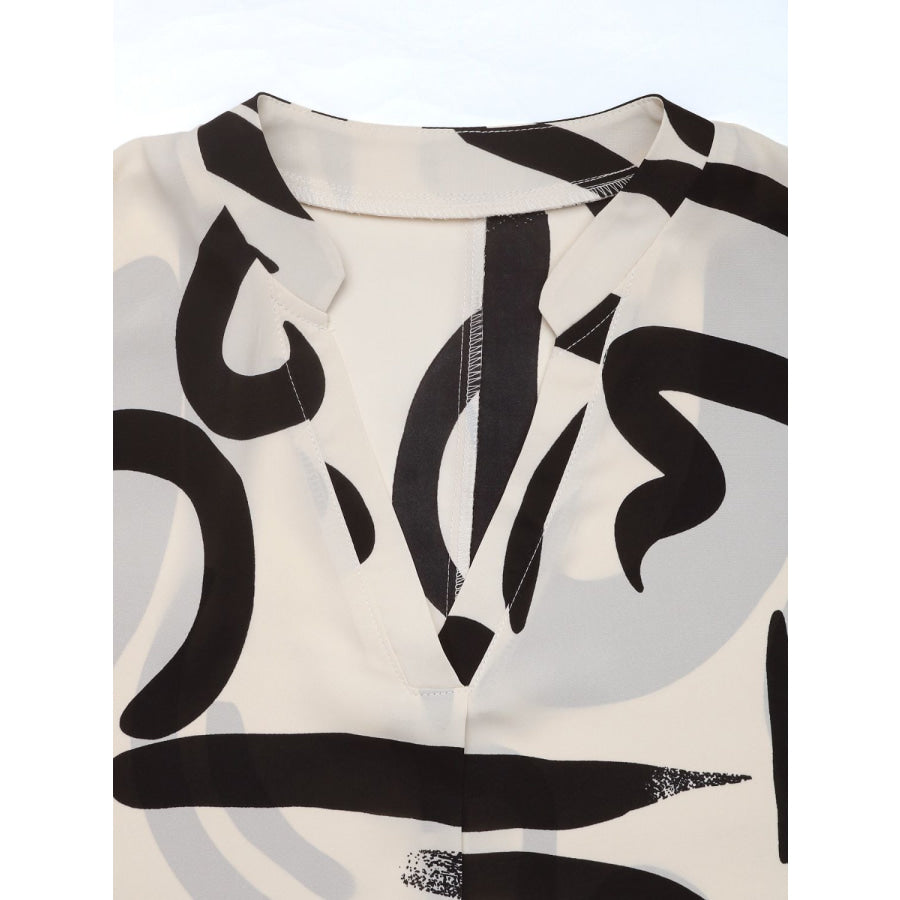 Perfee Printed Notched Half Sleeve Blouse Apparel and Accessories