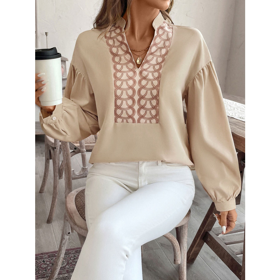 Perfee Printed Notched Long Sleeve Blouse Apparel and Accessories