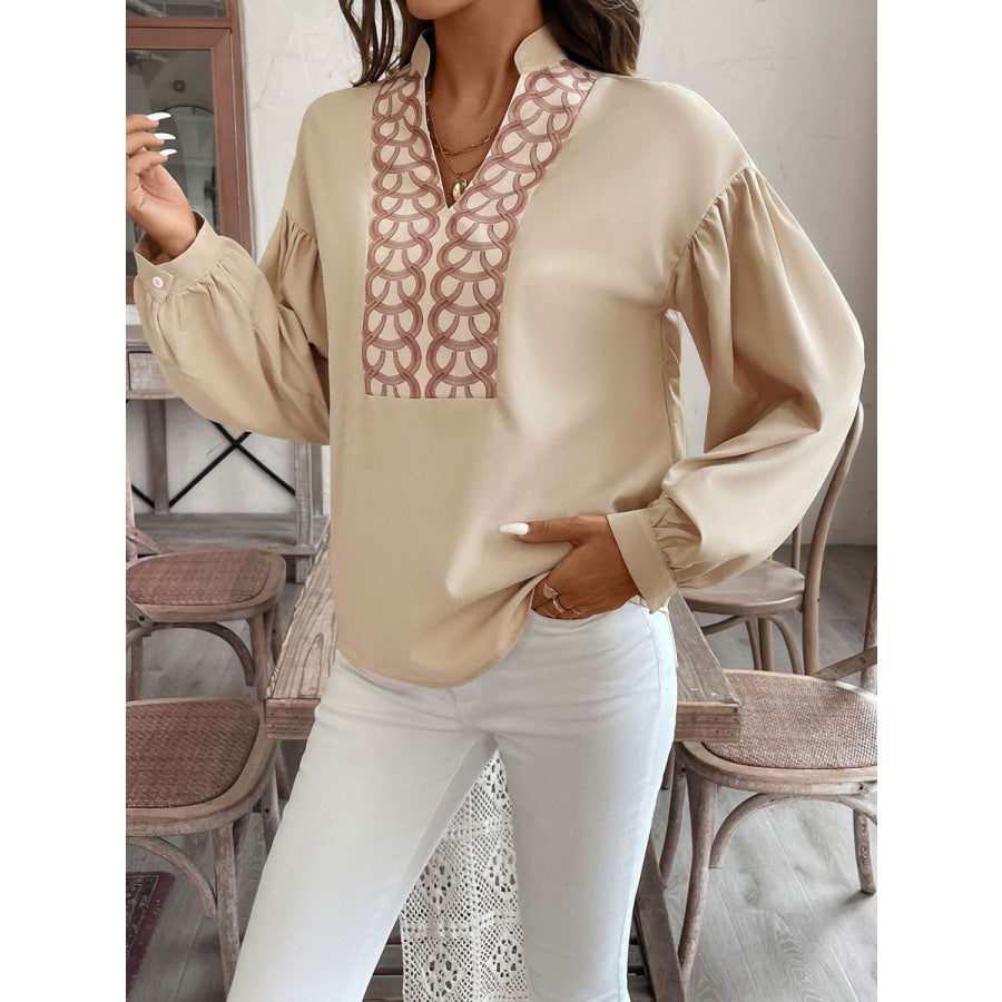 Perfee Printed Notched Long Sleeve Blouse Apparel and Accessories