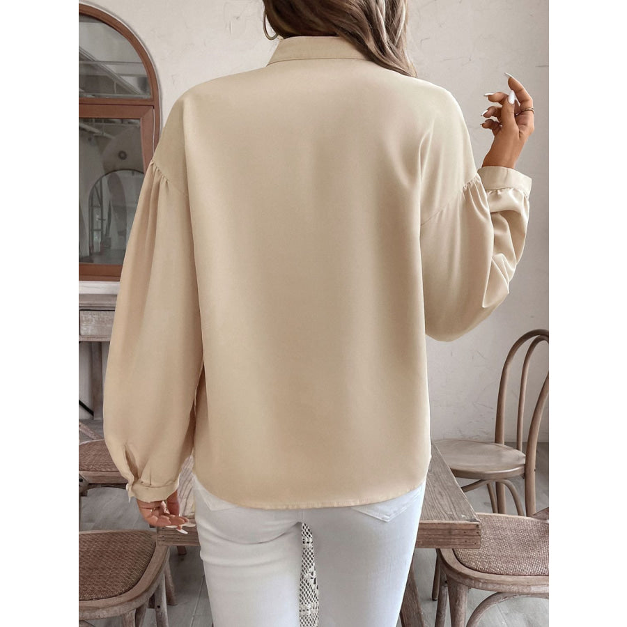 Perfee Printed Notched Long Sleeve Blouse Apparel and Accessories