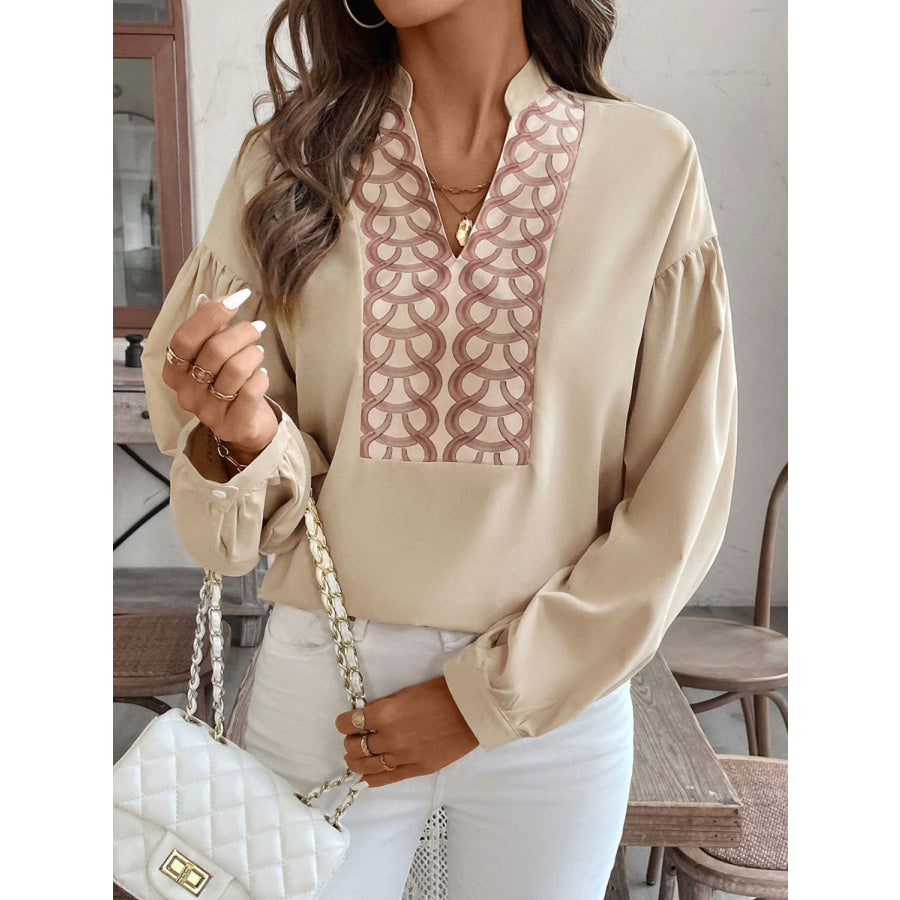 Perfee Printed Notched Long Sleeve Blouse Apparel and Accessories