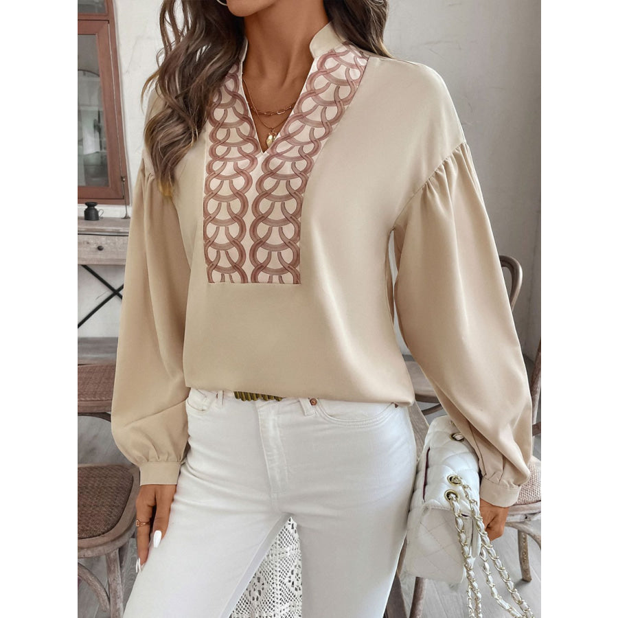 Perfee Printed Notched Long Sleeve Blouse Tan / S Apparel and Accessories