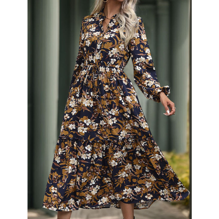 Perfee Printed Notched Long Sleeve Midi Dress Apparel and Accessories