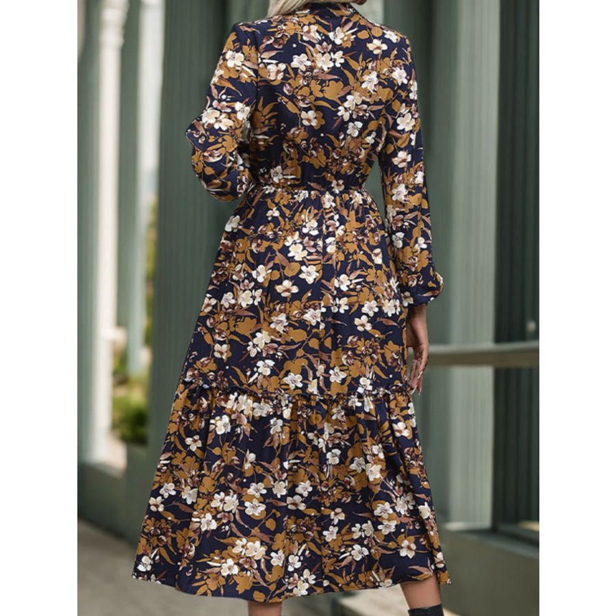 Perfee Printed Notched Long Sleeve Midi Dress Apparel and Accessories