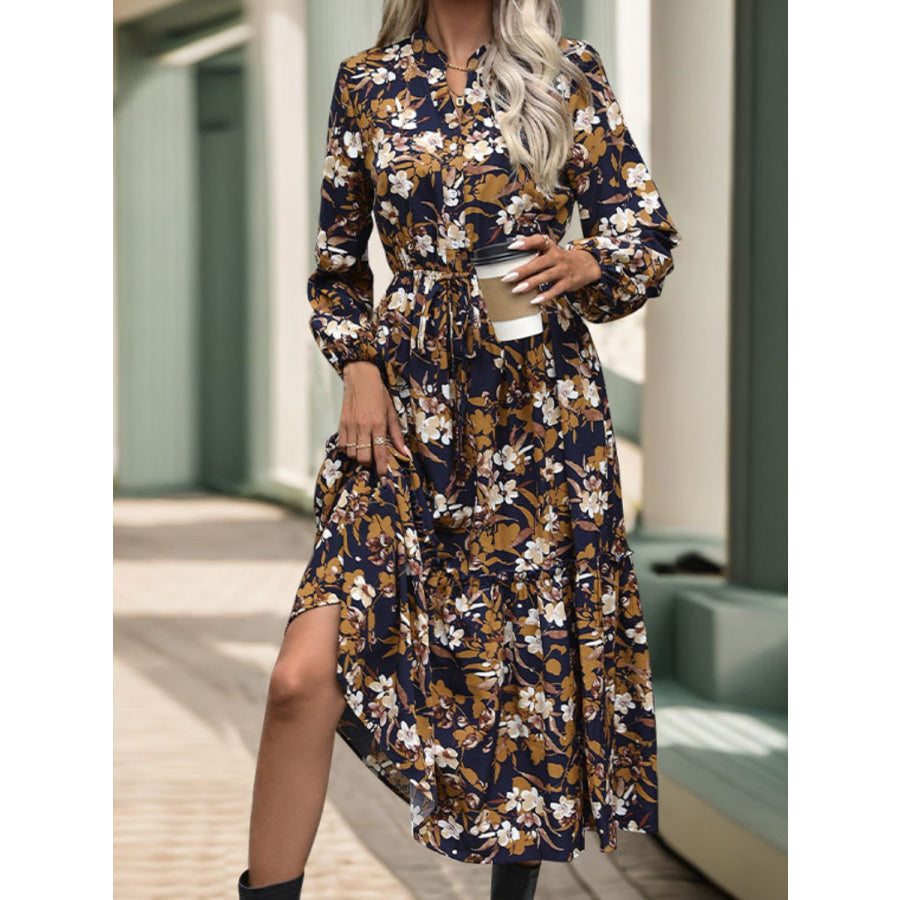 Perfee Printed Notched Long Sleeve Midi Dress Apparel and Accessories