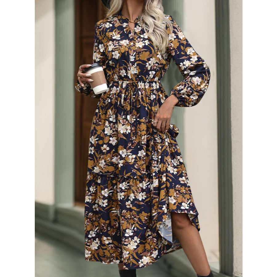 Perfee Printed Notched Long Sleeve Midi Dress Apparel and Accessories