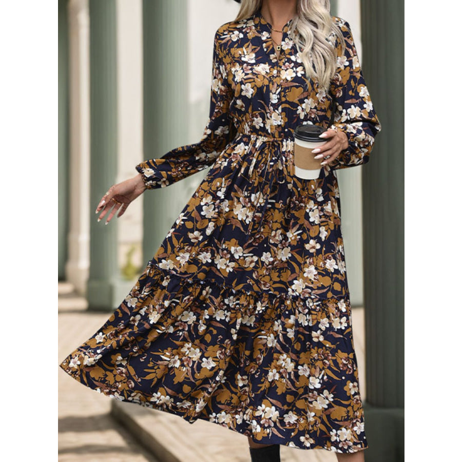 Perfee Printed Notched Long Sleeve Midi Dress Camel / S Apparel and Accessories