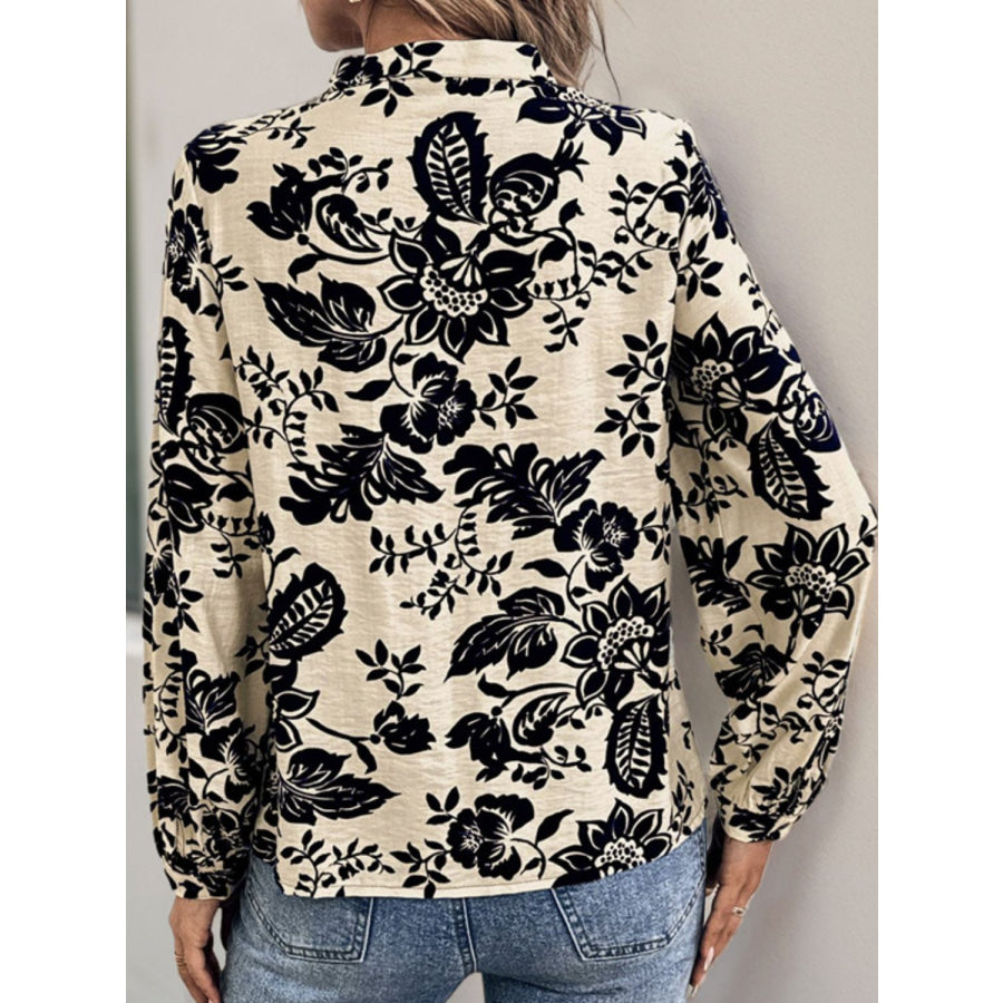 Perfee Printed Notched Long Sleeve Shirt Apparel and Accessories