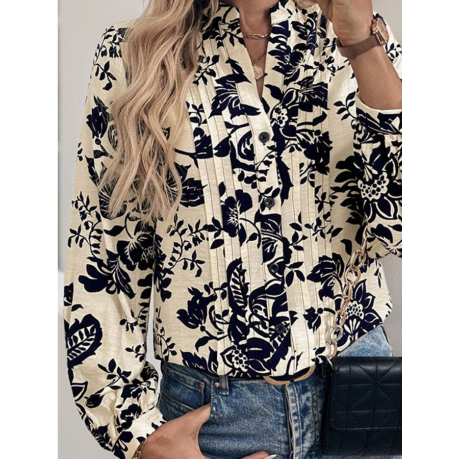 Perfee Printed Notched Long Sleeve Shirt Apparel and Accessories