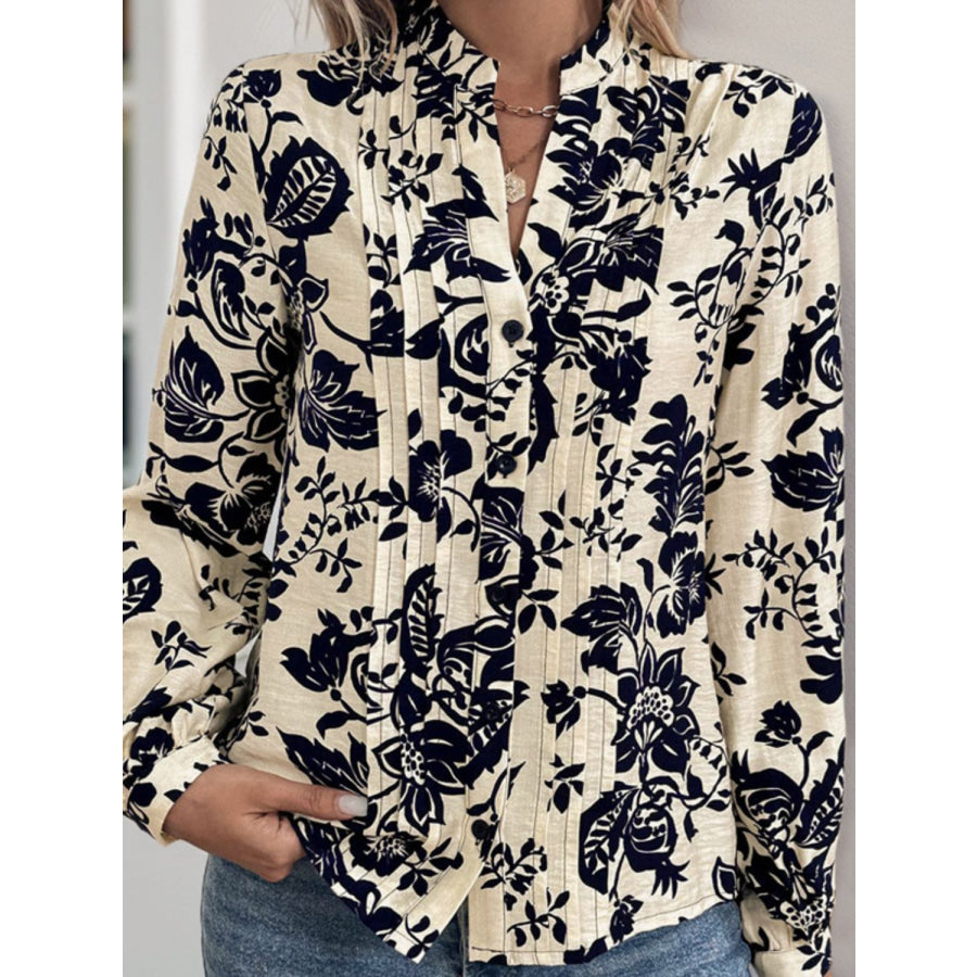 Perfee Printed Notched Long Sleeve Shirt Apparel and Accessories