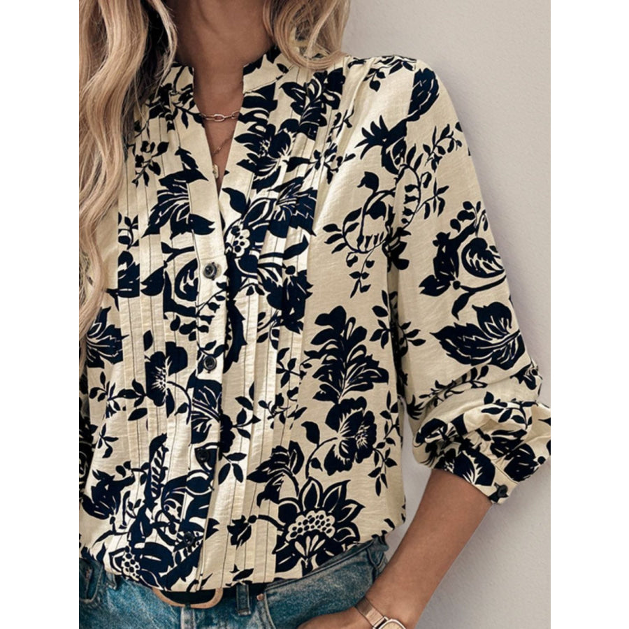 Perfee Printed Notched Long Sleeve Shirt Apparel and Accessories