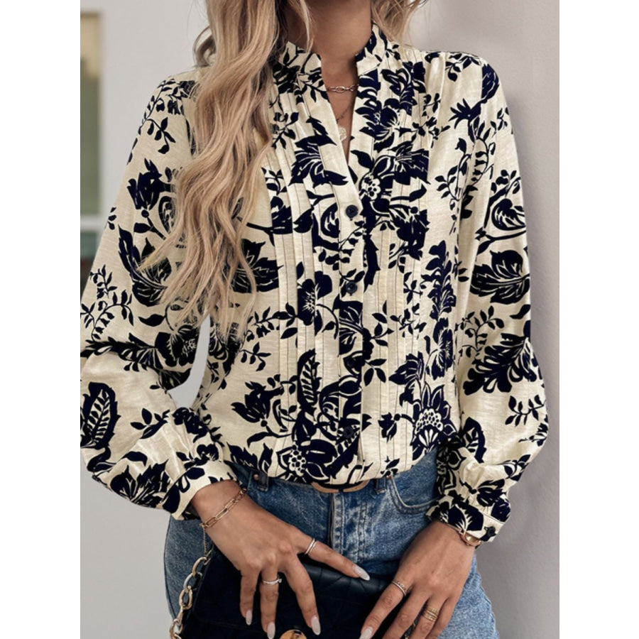 Perfee Printed Notched Long Sleeve Shirt Beige / S Apparel and Accessories