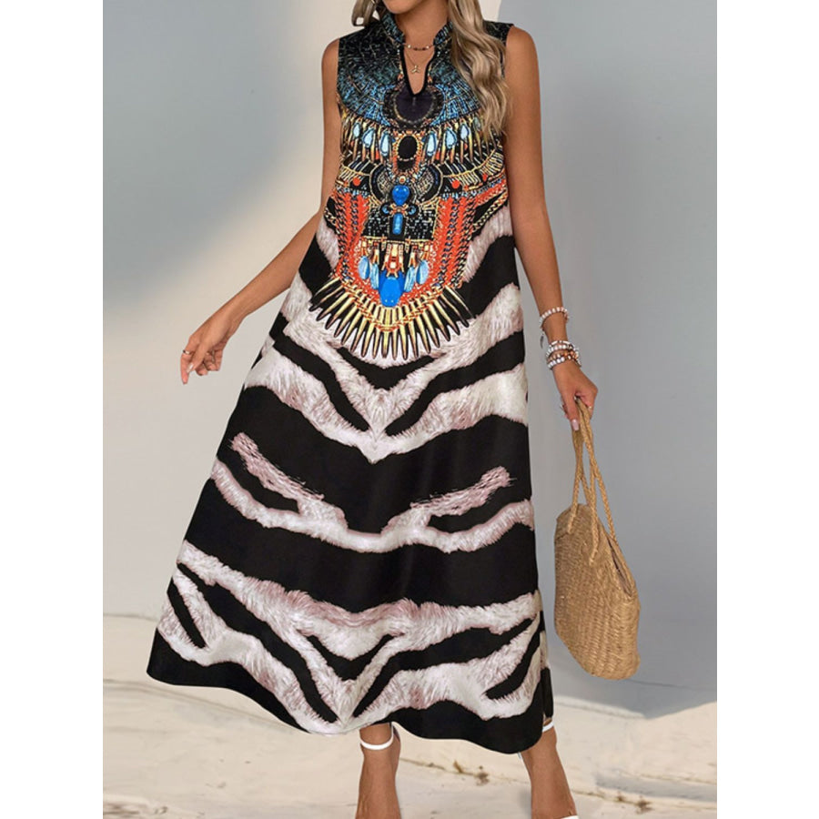 Perfee Printed Notched Sleeveless Dress Apparel and Accessories