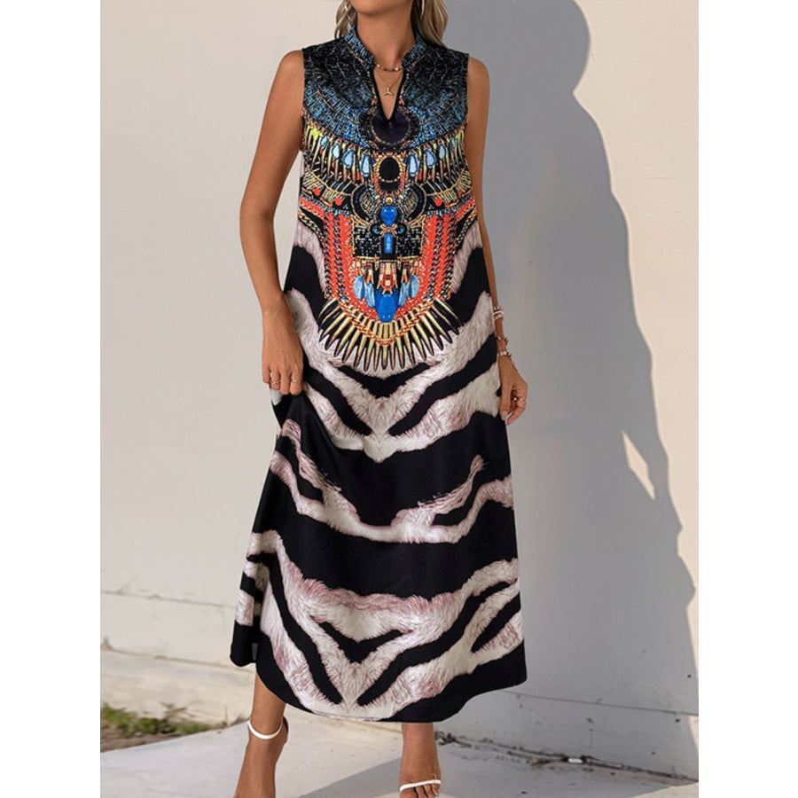 Perfee Printed Notched Sleeveless Dress Apparel and Accessories