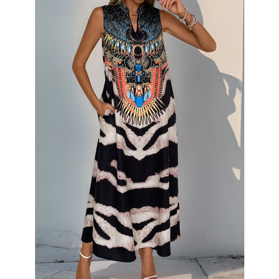 Perfee Printed Notched Sleeveless Dress Apparel and Accessories