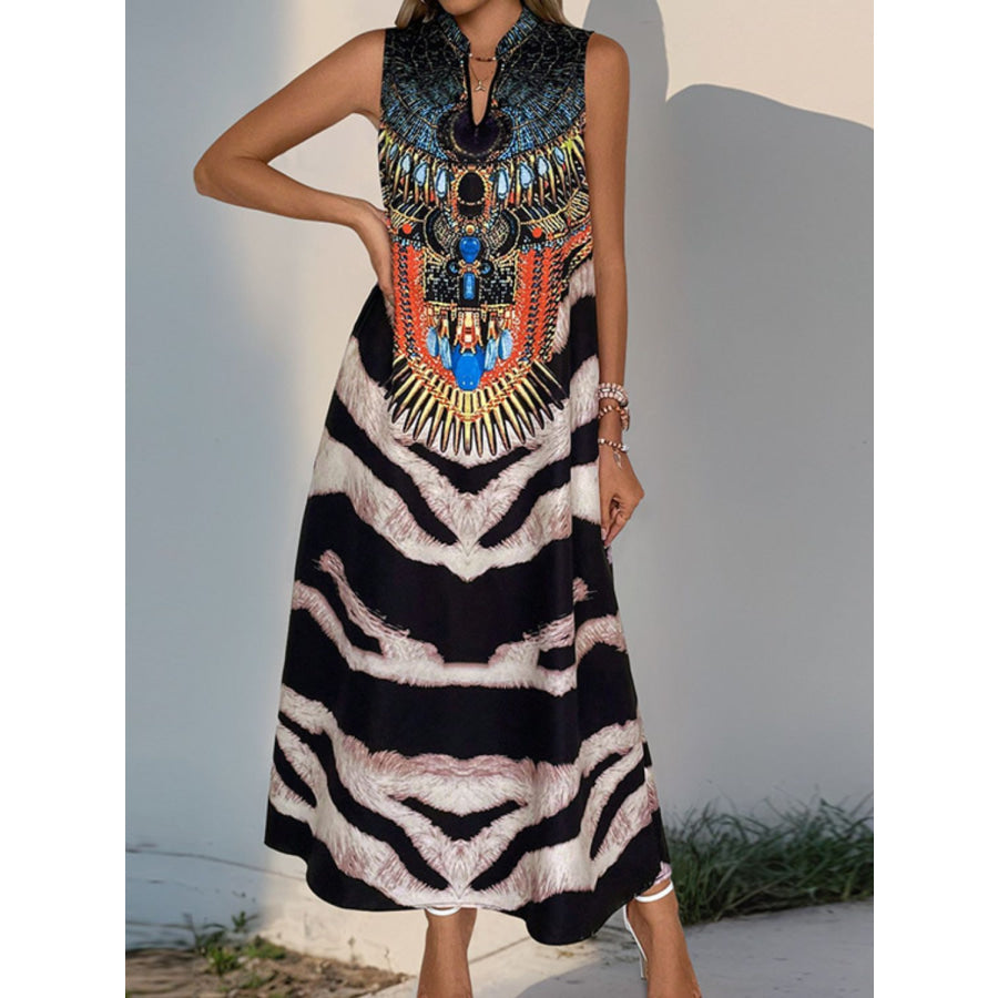 Perfee Printed Notched Sleeveless Dress Black / S Apparel and Accessories