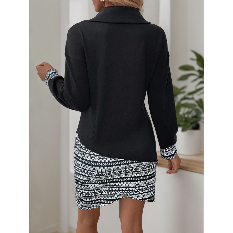 Perfee Printed Oblique Zipper Long Sleeve Mini Dress Apparel and Accessories