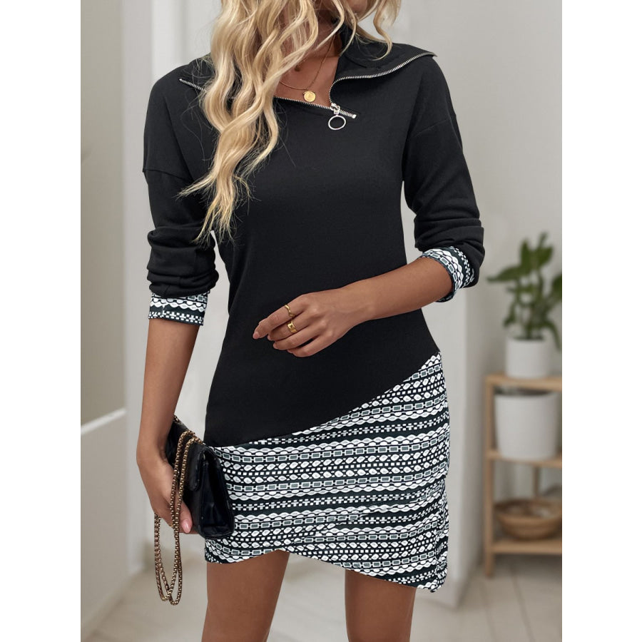 Perfee Printed Oblique Zipper Long Sleeve Mini Dress Apparel and Accessories