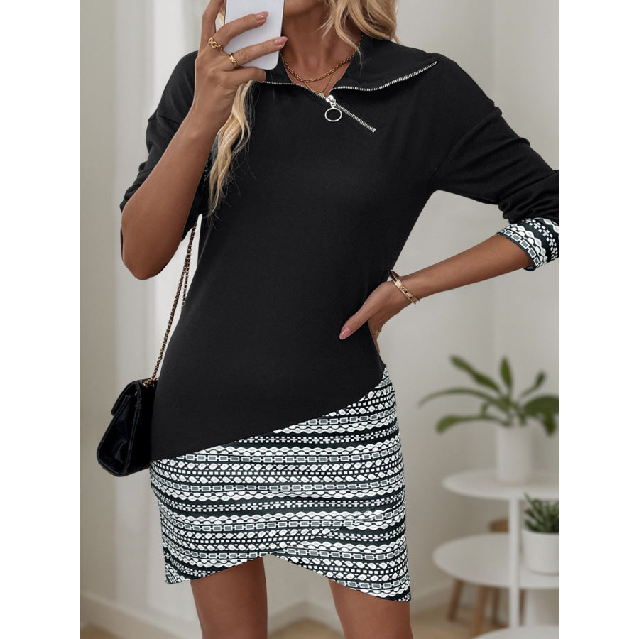 Perfee Printed Oblique Zipper Long Sleeve Mini Dress Apparel and Accessories