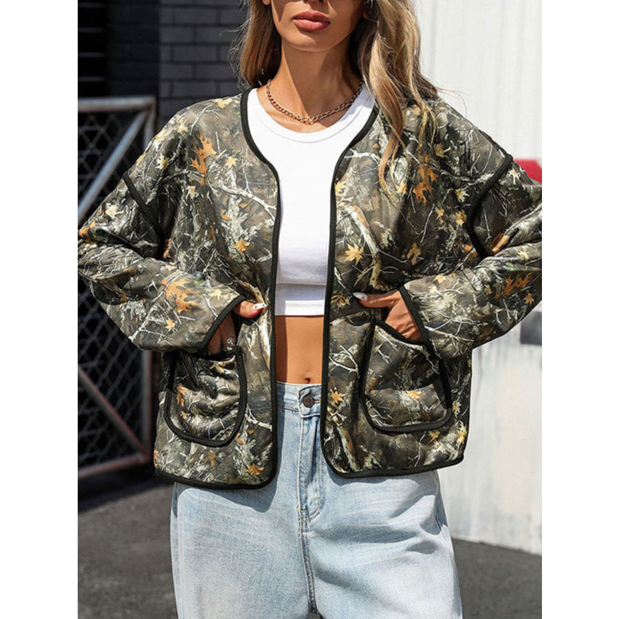 Perfee Printed Open Front Long Sleeve Jacket Apparel and Accessories