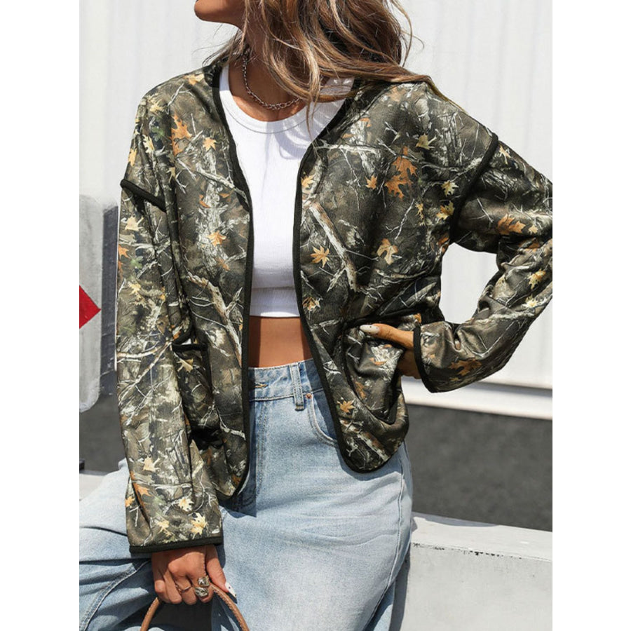 Perfee Printed Open Front Long Sleeve Jacket Multicolor / S Apparel and Accessories