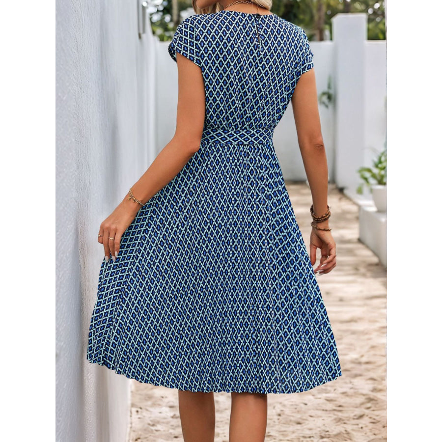 Perfee Printed Round Neck Short Sleeve Midi Dress Apparel and Accessories