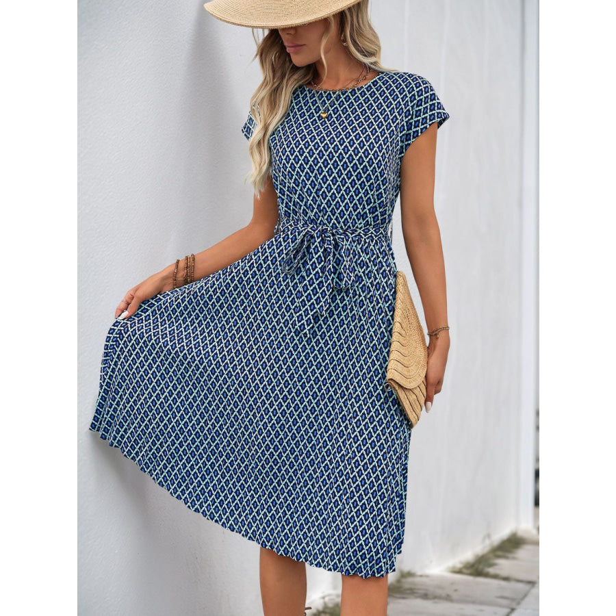 Perfee Printed Round Neck Short Sleeve Midi Dress Apparel and Accessories