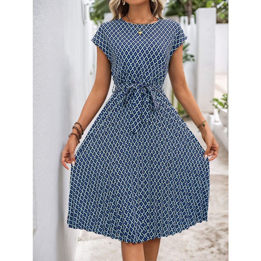 Perfee Printed Round Neck Short Sleeve Midi Dress Apparel and Accessories