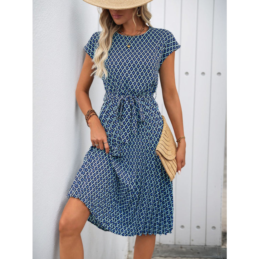 Perfee Printed Round Neck Short Sleeve Midi Dress Cerulean / XS Apparel and Accessories