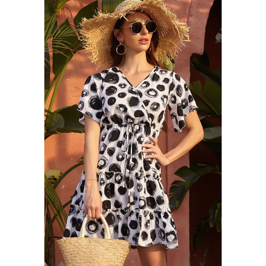 Perfee Printed Short Sleeve Mini Dress White / S Apparel and Accessories