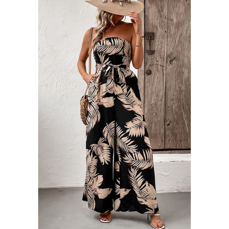 Perfee Printed Strapless Wide Leg Jumpsuit with Pockets Apparel and Accessories