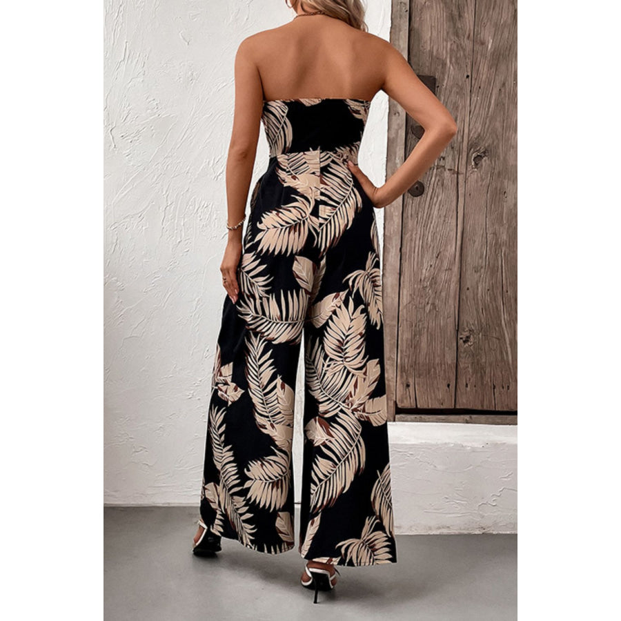 Perfee Printed Strapless Wide Leg Jumpsuit with Pockets Apparel and Accessories