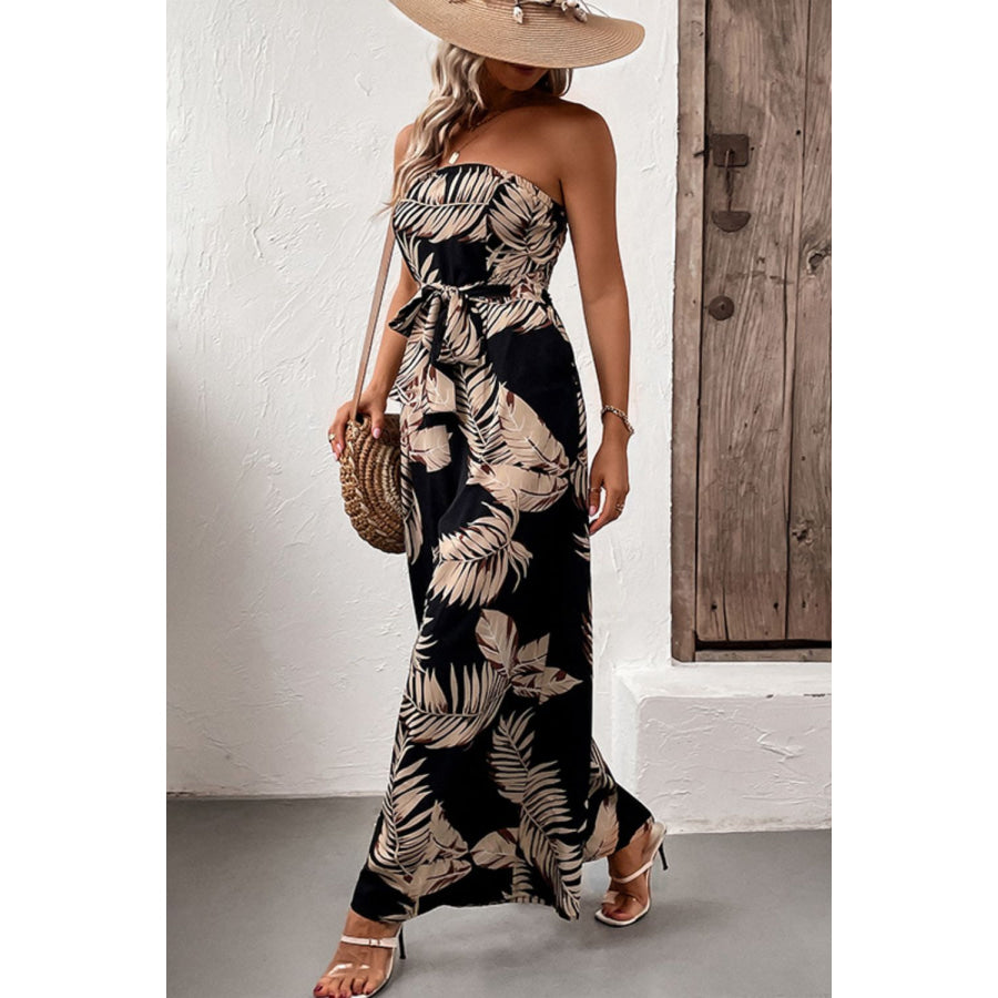 Perfee Printed Strapless Wide Leg Jumpsuit with Pockets Apparel and Accessories