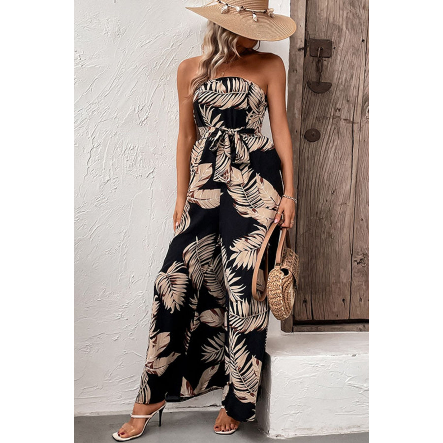 Perfee Printed Strapless Wide Leg Jumpsuit with Pockets Apparel and Accessories