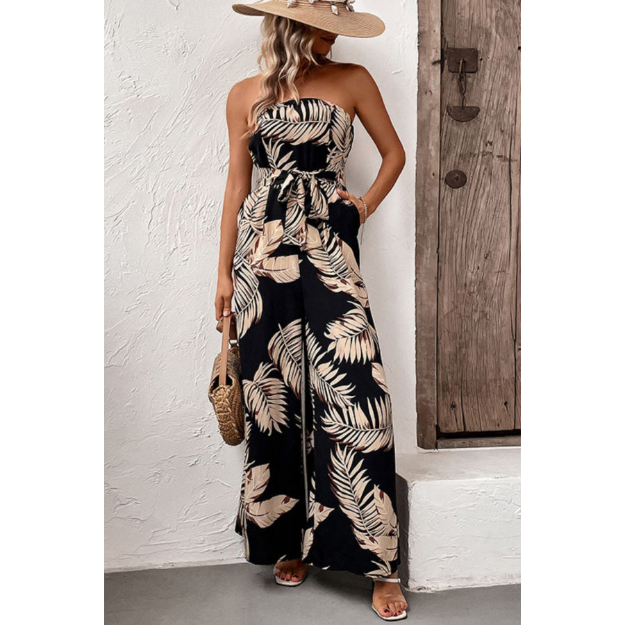 Perfee Printed Strapless Wide Leg Jumpsuit with Pockets Black / S Apparel and Accessories