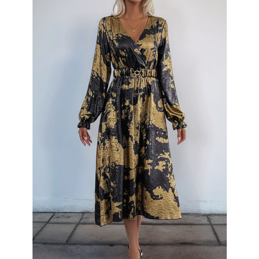 Perfee Printed Surplice Long Sleeve Midi Dress Apparel and Accessories