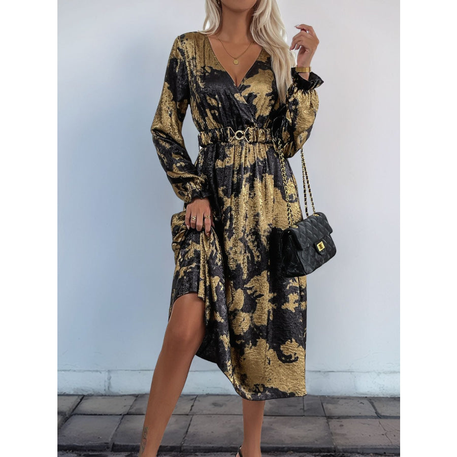 Perfee Printed Surplice Long Sleeve Midi Dress Apparel and Accessories