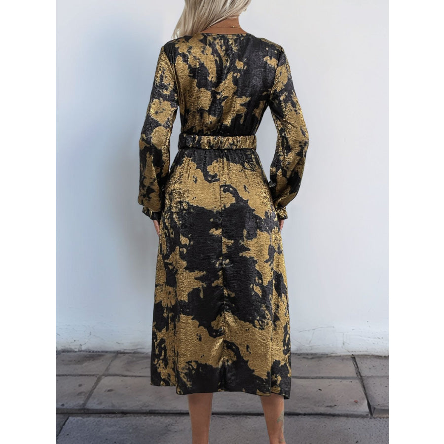 Perfee Printed Surplice Long Sleeve Midi Dress Apparel and Accessories