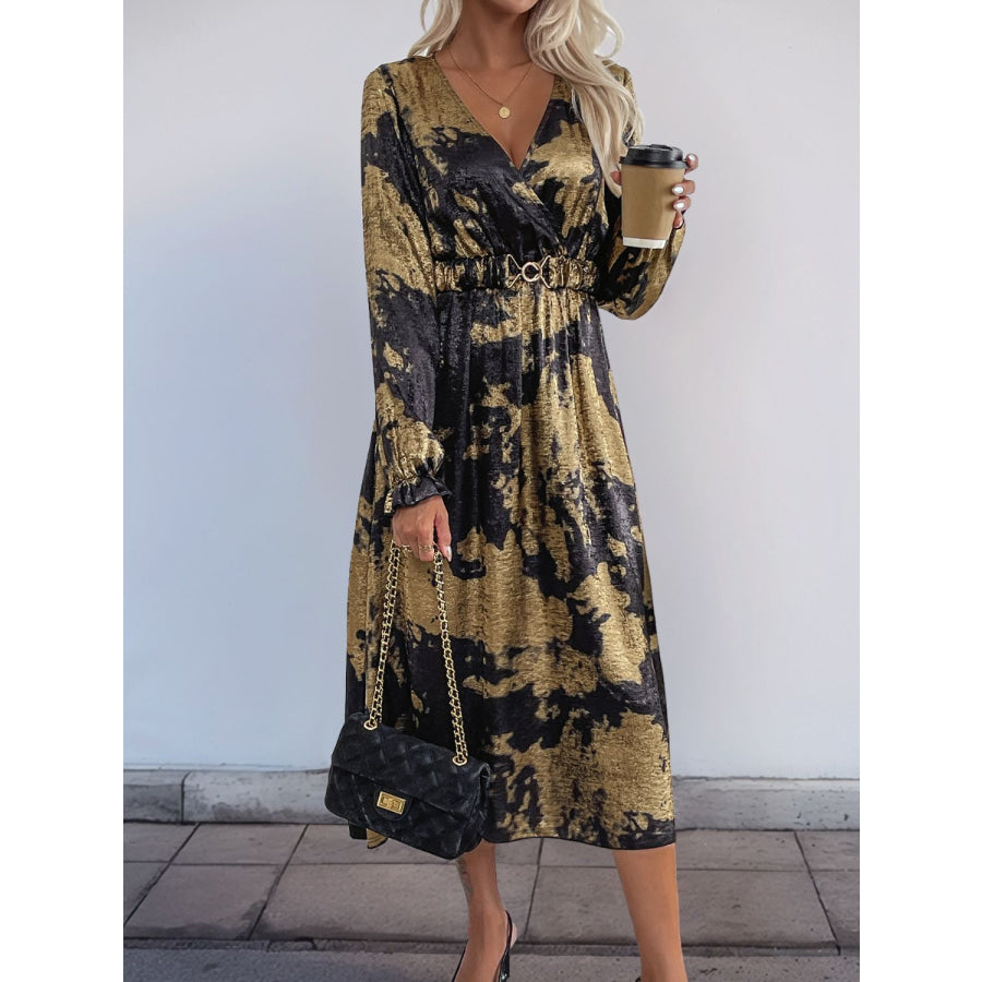 Perfee Printed Surplice Long Sleeve Midi Dress Apparel and Accessories