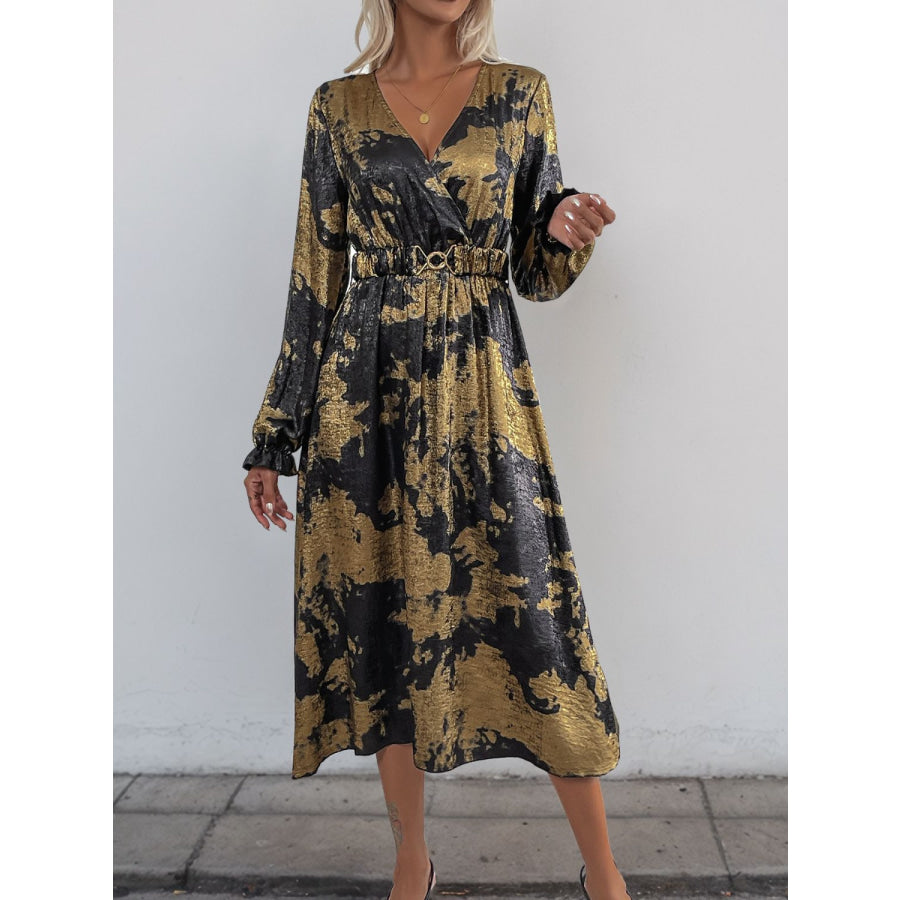 Perfee Printed Surplice Long Sleeve Midi Dress Black / S Apparel and Accessories