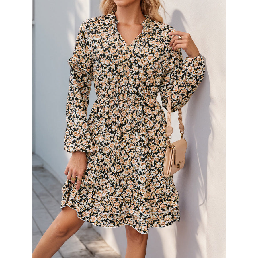 Perfee Printed Tie Neck Long Sleeve Mini Dress Apparel and Accessories