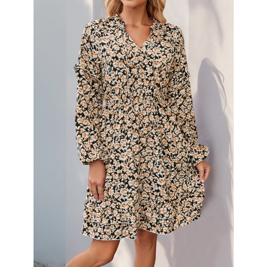 Perfee Printed Tie Neck Long Sleeve Mini Dress Apparel and Accessories