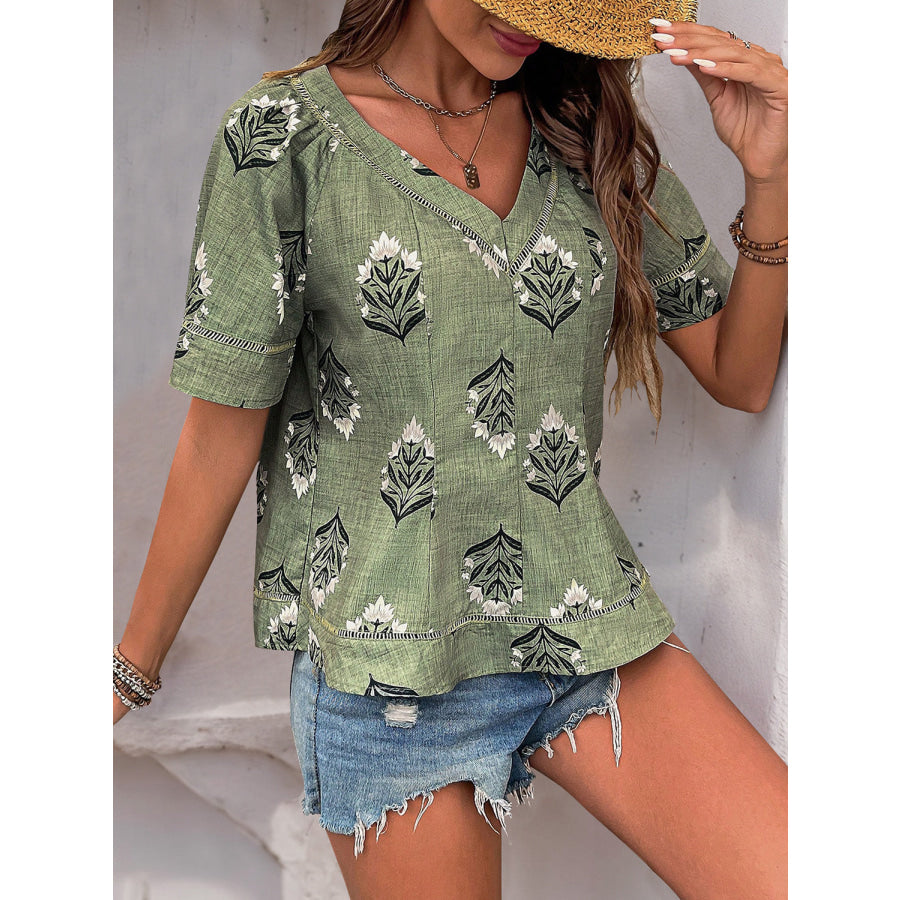 Perfee Printed V-Neck Short Sleeve Blouse Apparel and Accessories