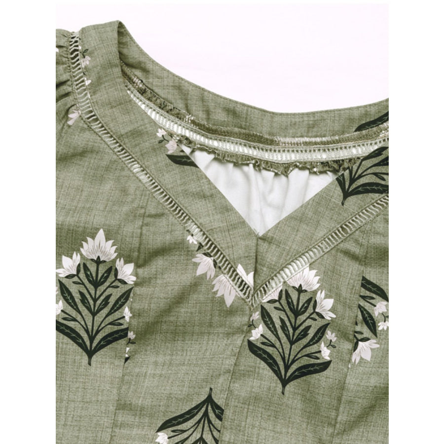 Perfee Printed V-Neck Short Sleeve Blouse Apparel and Accessories