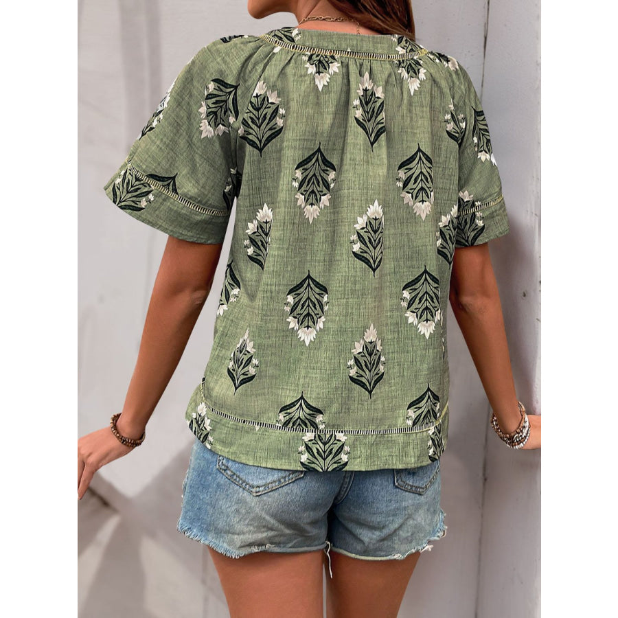 Perfee Printed V-Neck Short Sleeve Blouse Apparel and Accessories