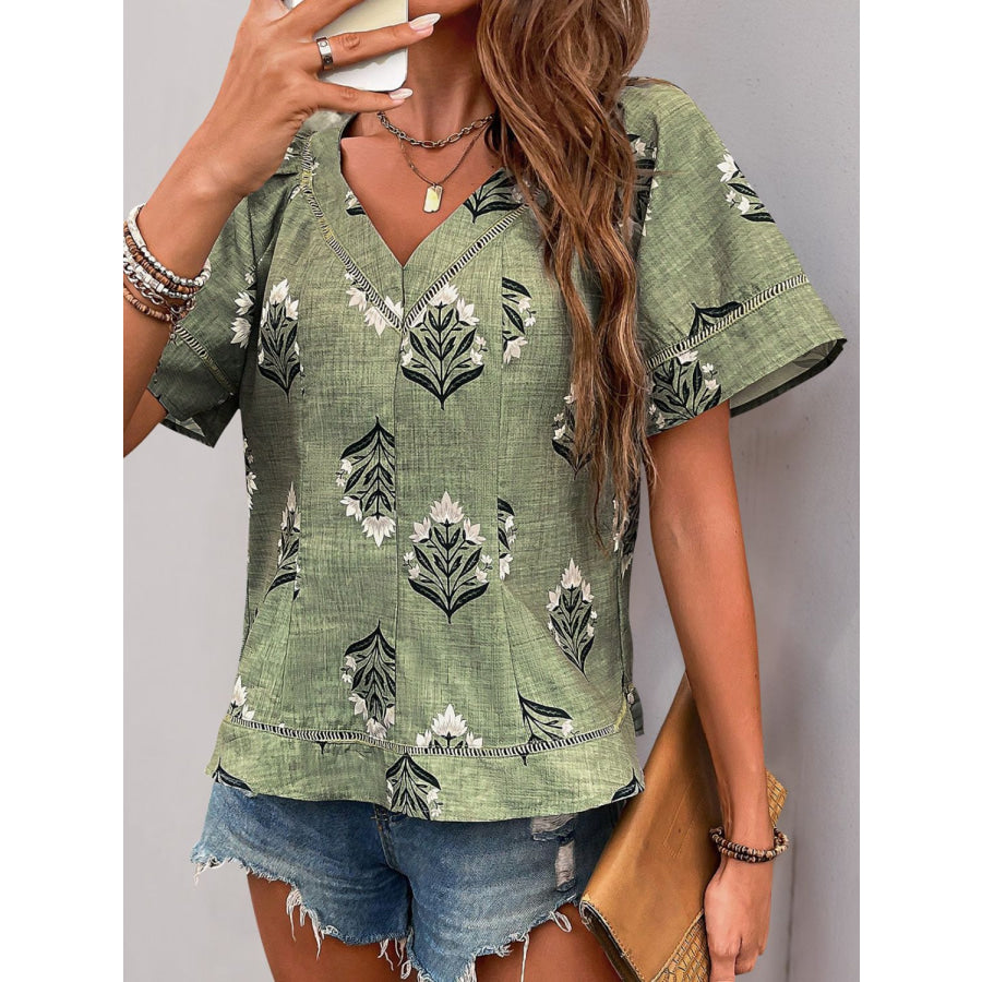 Perfee Printed V-Neck Short Sleeve Blouse Apparel and Accessories