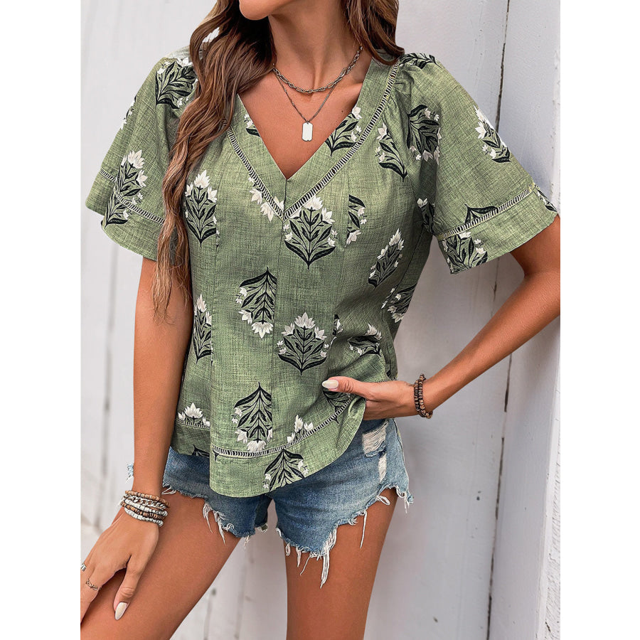 Perfee Printed V-Neck Short Sleeve Blouse Matcha Green / S Apparel and Accessories